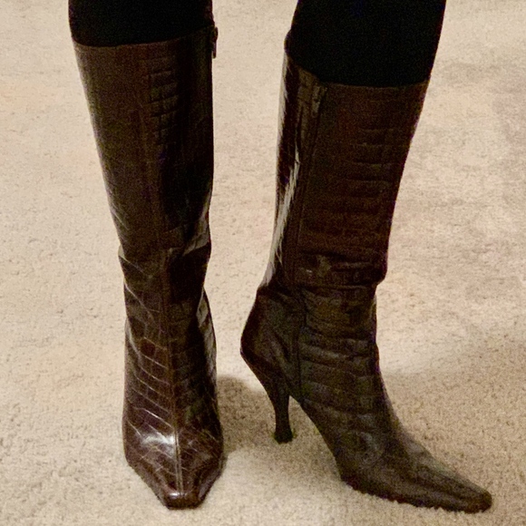 Via Spiga Croc Embossed Brown Leather Boots - Picture 2 of 8